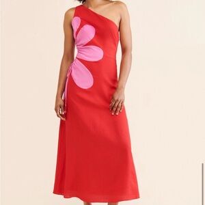 FARM Rio Red One-Shoulder Dress with Pink Floral Design